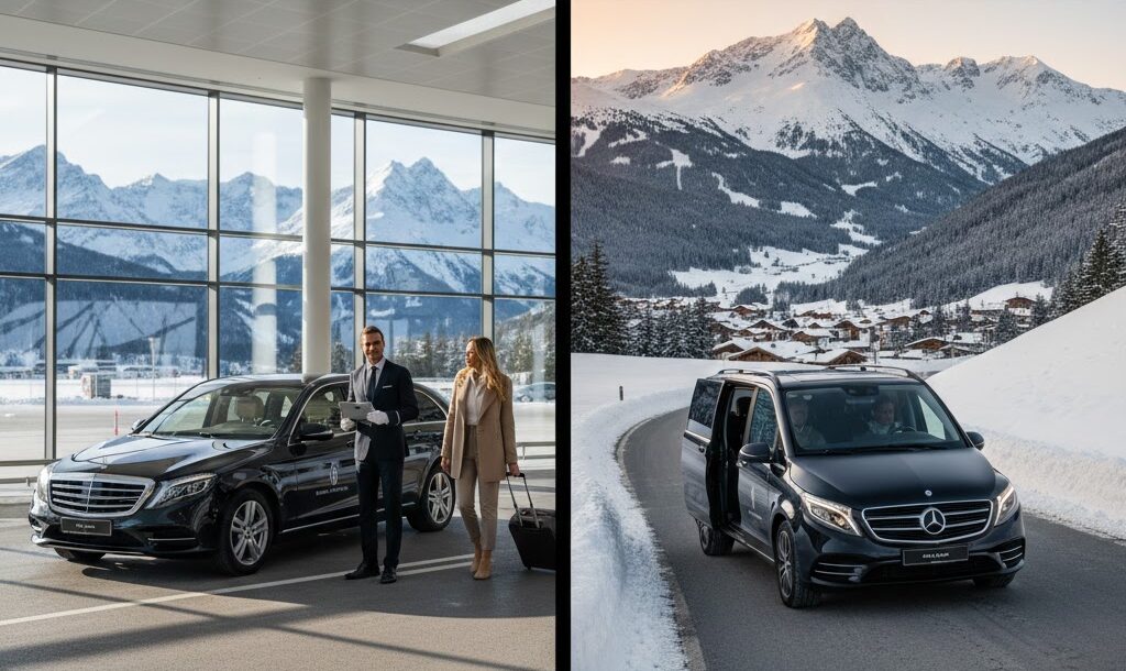 Premium Mercedes S-Class chauffeured car arriving at a luxury ski resort in the Austrian Alps.